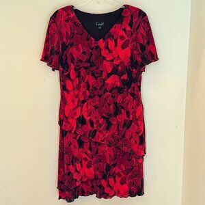 New! Red and black v-neck party dress with asymetrical tiered skirt, size 14P